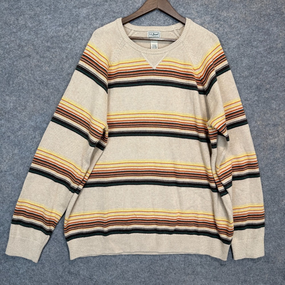 LL Bean Cotton Cashmere Sweater Mens 2XL Tall 2XLT Striped Tan Sunset Knit Crew